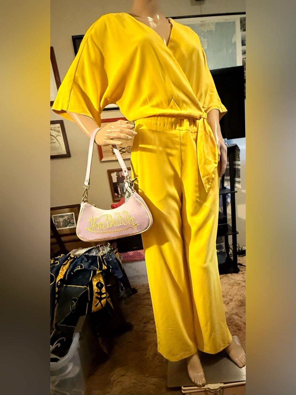 TRINA TURK Kai Front Wrap Tie, Yellow Satin, Wide-Leg Wrap Jumpsuit. Classy! ♥️💋